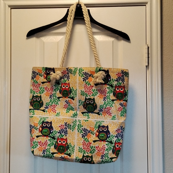 Canvas tote travel market bag owls rope handle zip closure red green yellow blue - Picture 2 of 12